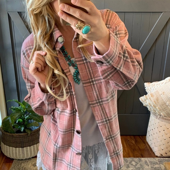 New Plaid Pink Stripe Oversized Flannel Top Shacket Button Front Shirt Top - Picture 5 of 8